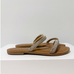 Rock & Candy Beata Sandals Women Size 7 Nude Rhinestone Double Strap Slides